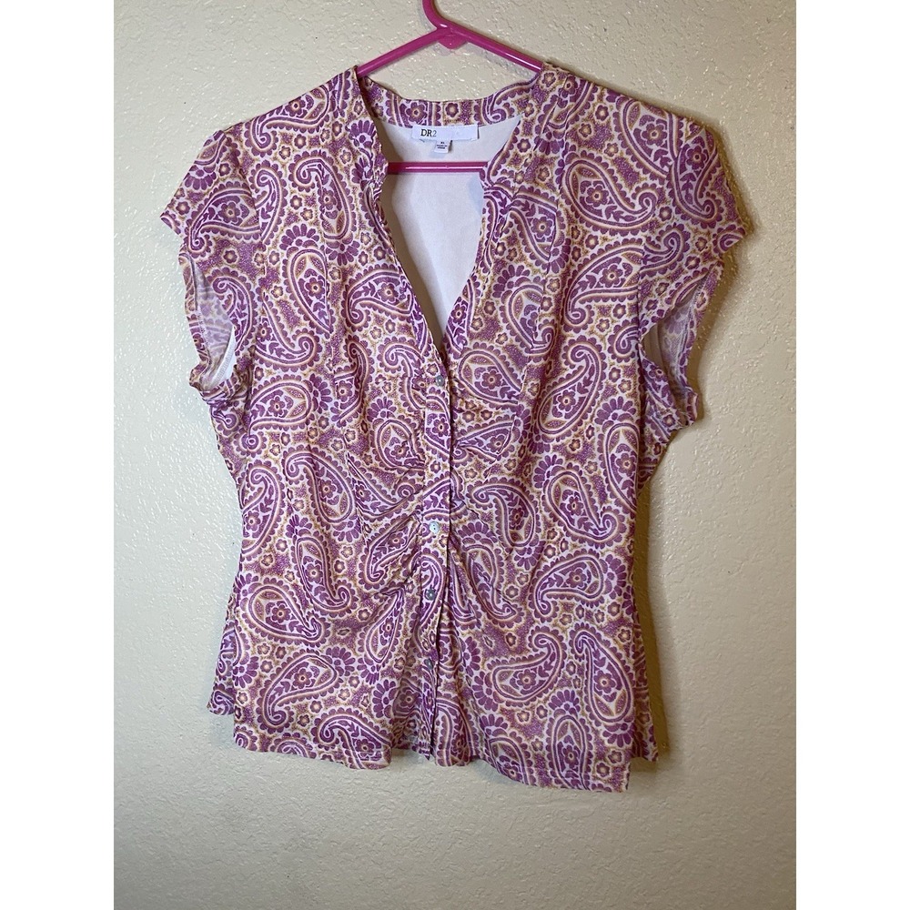 Tank Top Women Small Pink Paisley Sleeveless Blouse Smock Collar